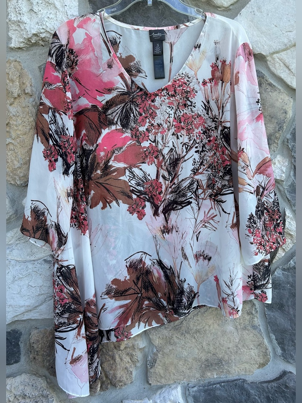 Chicos Travelers Blouse Size 3 (XL) Sheer Floral Feminine Classy Romantic Boho